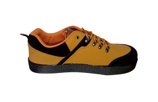 Brown and black anti skid magnetic shoe. Leather upper and black rubber sole with magnets