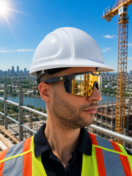 A man wearing a white hard hat, reflective safety vest, and gold-tinted safety glasses stands on a construction site with a blue sky and city skyline in the background.