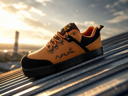 Light high grip shoe on a metal roof with sunset in the background