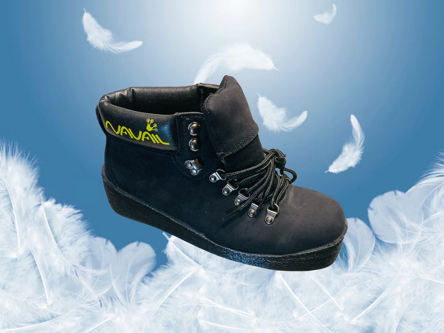 A magnetic boot is floating in falling feathers over a blue sky background. This gives a feeling of lightness and comfort