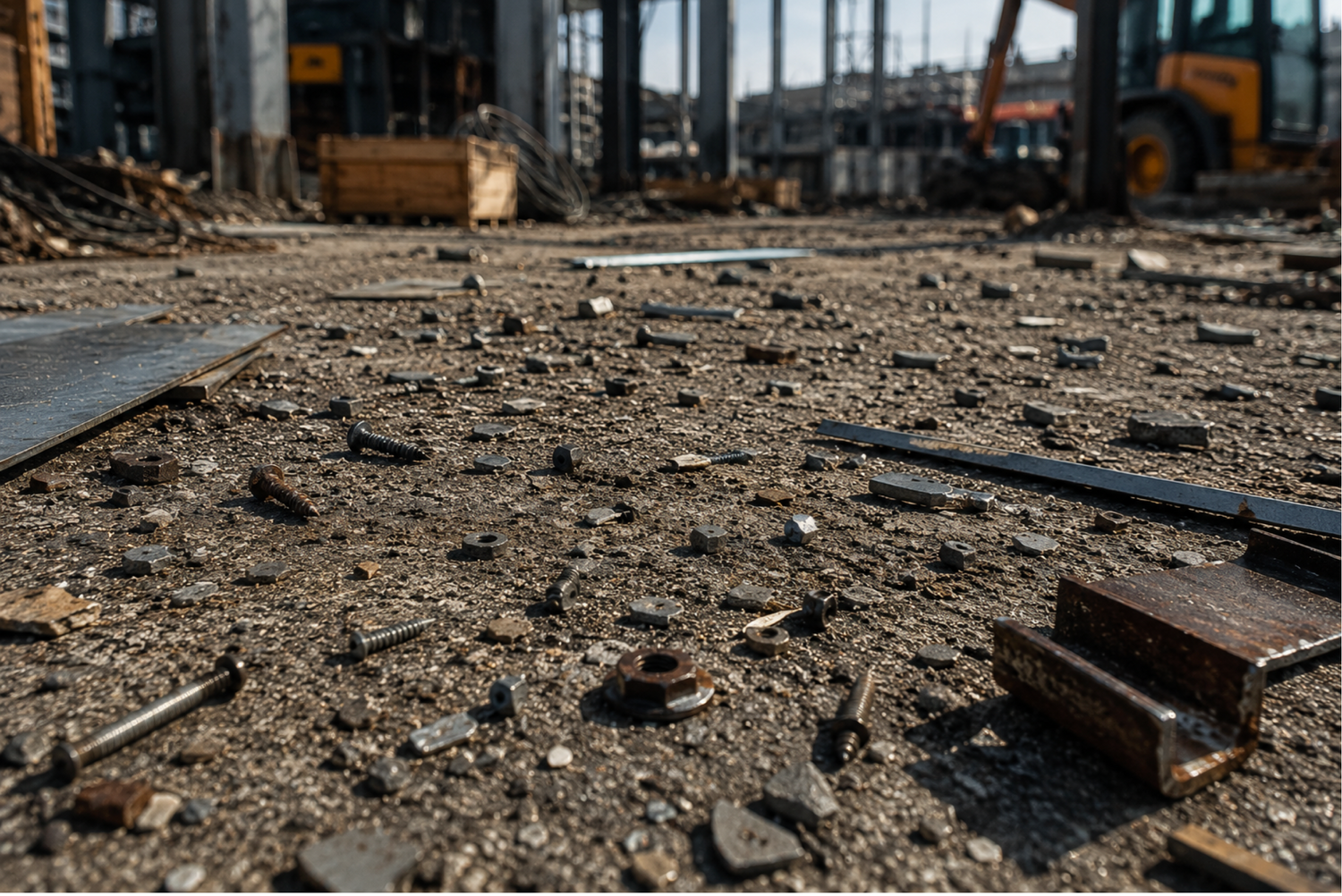 Jobsite floor full of ferrous debris like screws, bolts or shavings.