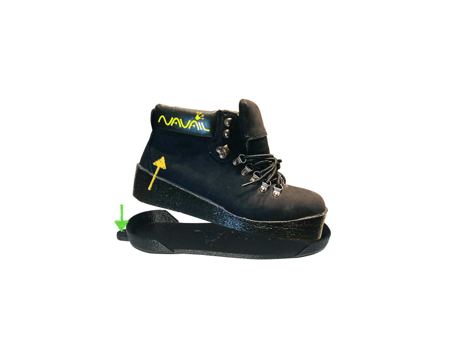Hands free sole cover being removed from the Magnetic boot it has been associated with. Arrows show the motion of the boot being lifted.