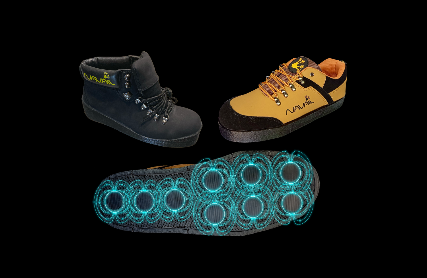 Navail magnetic anti-slip shoes prtrayed above a sole bottom from which magnetic fields are visible and coming out magnets.