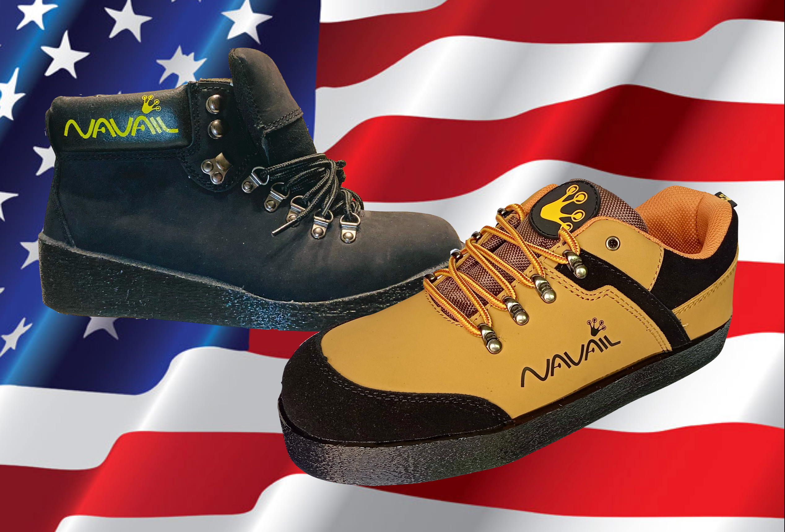 Two pairs of Navail shoes, one black Magnetic boot and one tan Salamander magnetic shoe, on an American flag background.
This represents the fact that these roofing shoes is made in the USA.