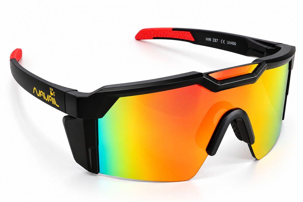 Lunettes de soleil de sécurité NAVAIL Neo Steel Mirror avec logo NAVAIL doré, embouts de branches rouges et verre miroir irisé