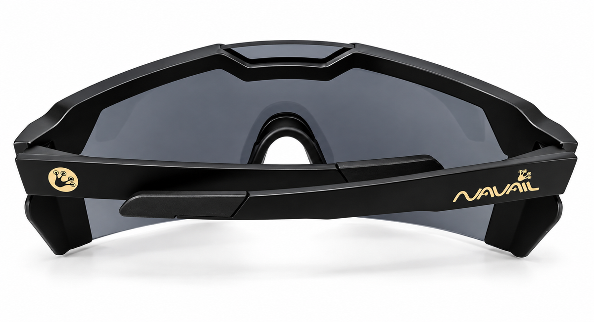 NAVAIL Neo Carbon safety sunglasses with folded temples, gold NAVAIL logo and dark smoke lens