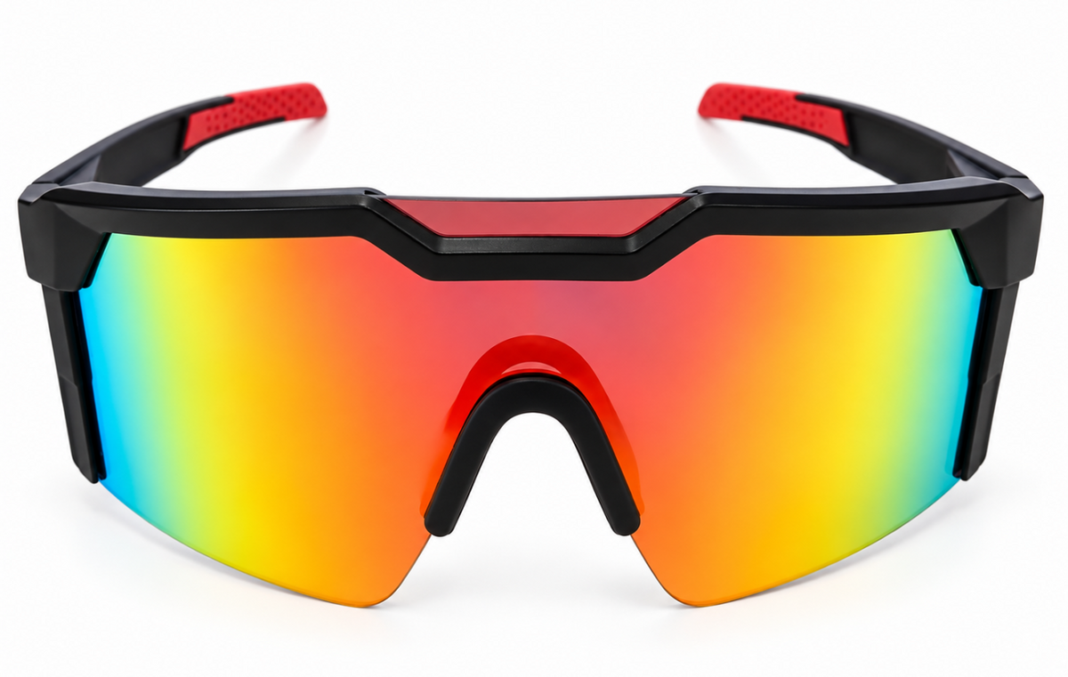 Lunettes de soleil de sécurité NAVAIL avec écran monobloc miroir rouge-orange et monture noire, vue de face.