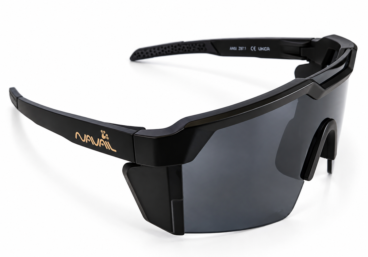 NAVAIL Neo Carbon safety sunglasses showing the gold NAVAIL logo on the temple and dark smoke lens