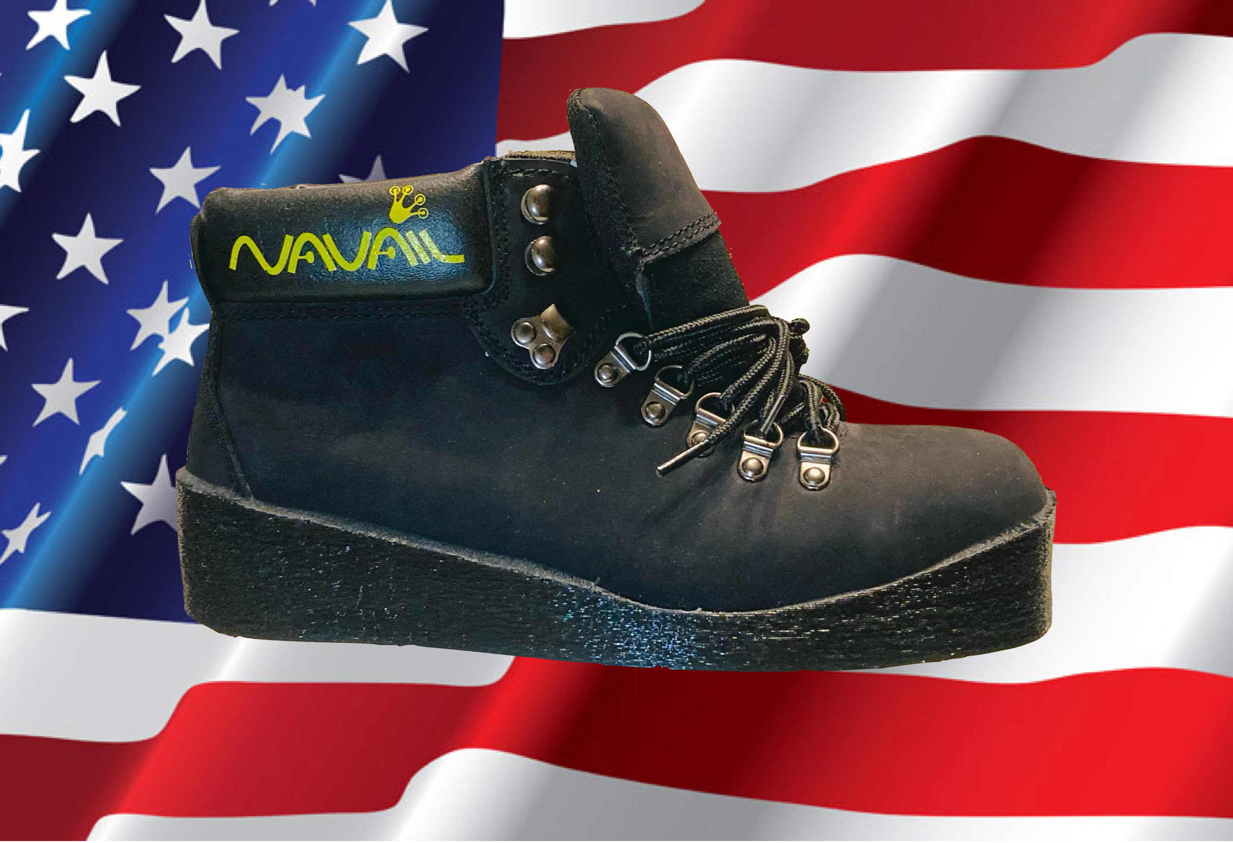 The Navail magnetic footwear is placed other the American flag. This represents the fact that this roofing shoe is made in the USA.