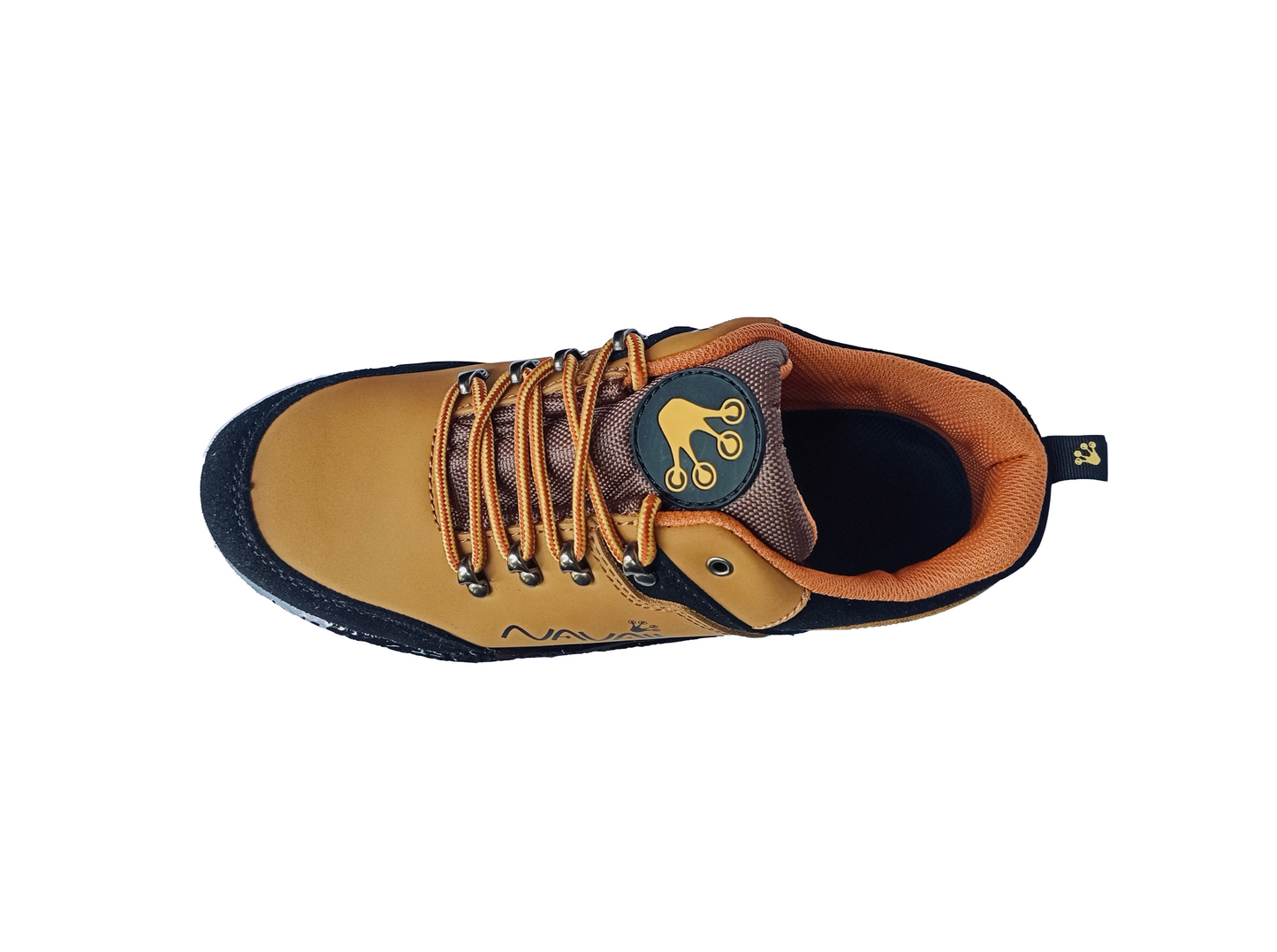 Tan and black Metal roofing shoe from the top. Yellow and black Salamander paw logo on the tongue