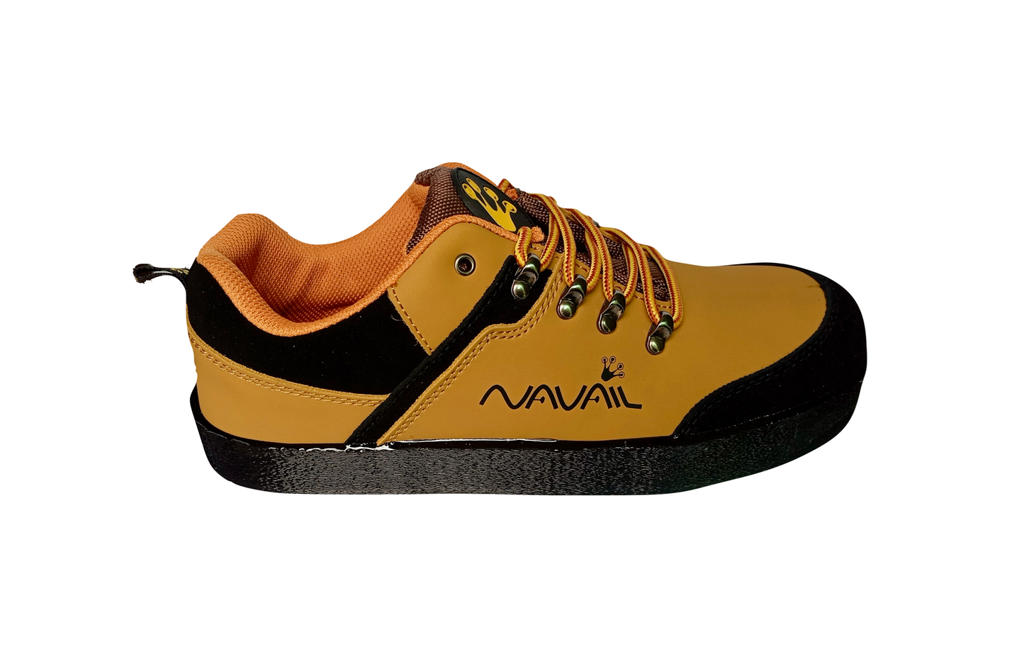 Tan and black safety shoe for metal roofers. "Navail" logo on the side. 