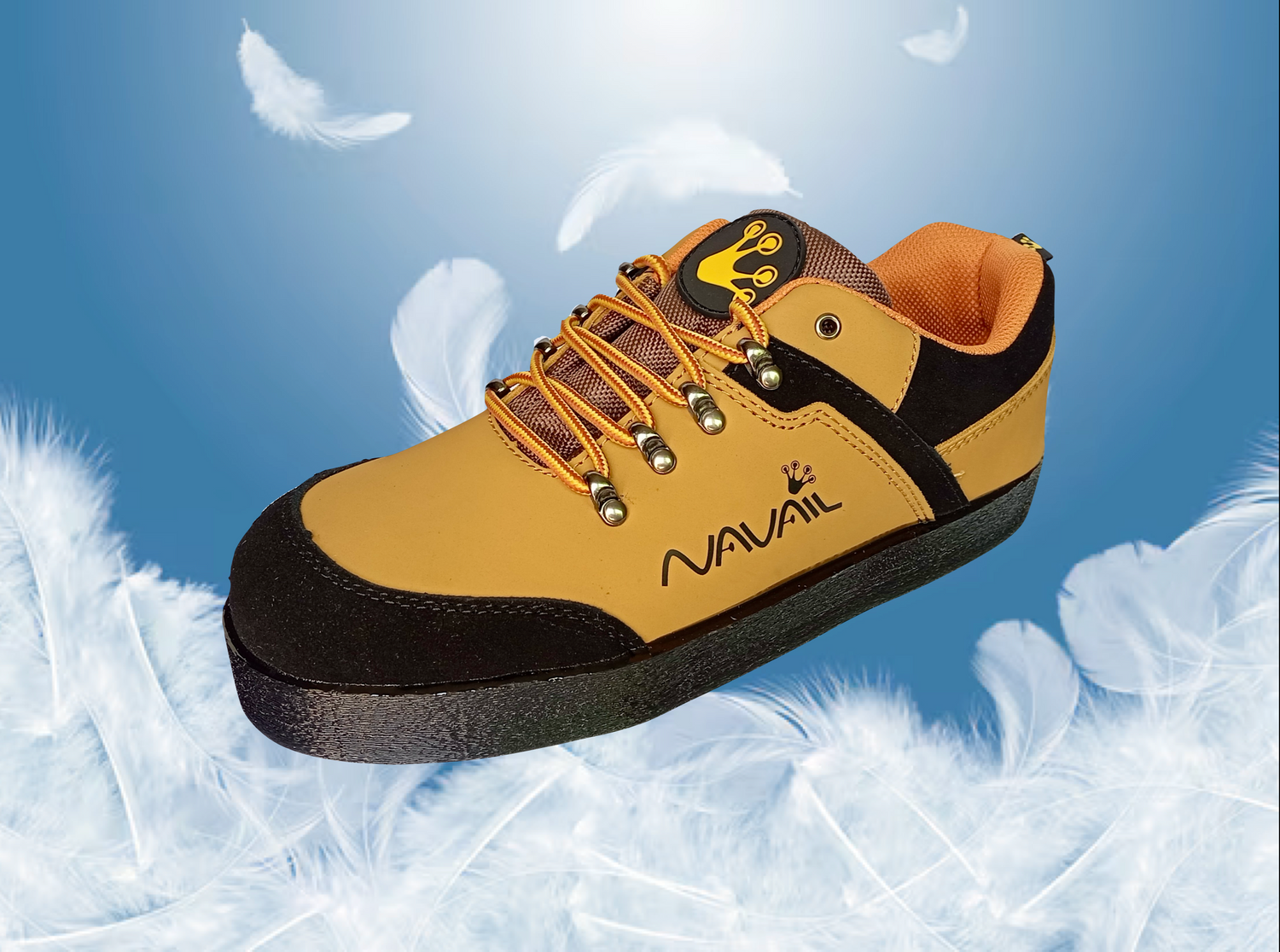 Salamander shoe displayed on a blue and feather background