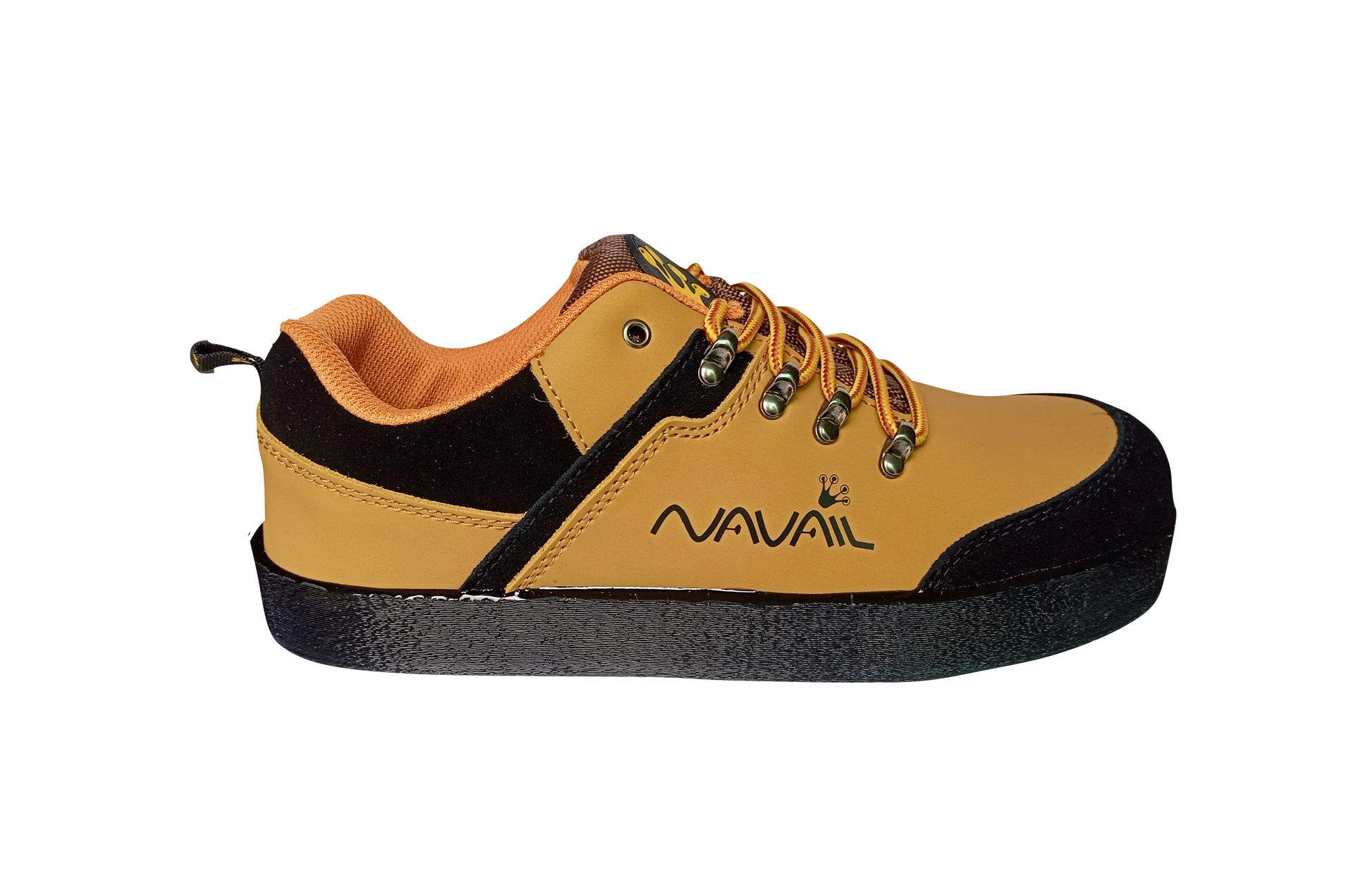Tan and black magnetic safety shoe with "Navail" brand visible on the side above the anti skid rubber sole.