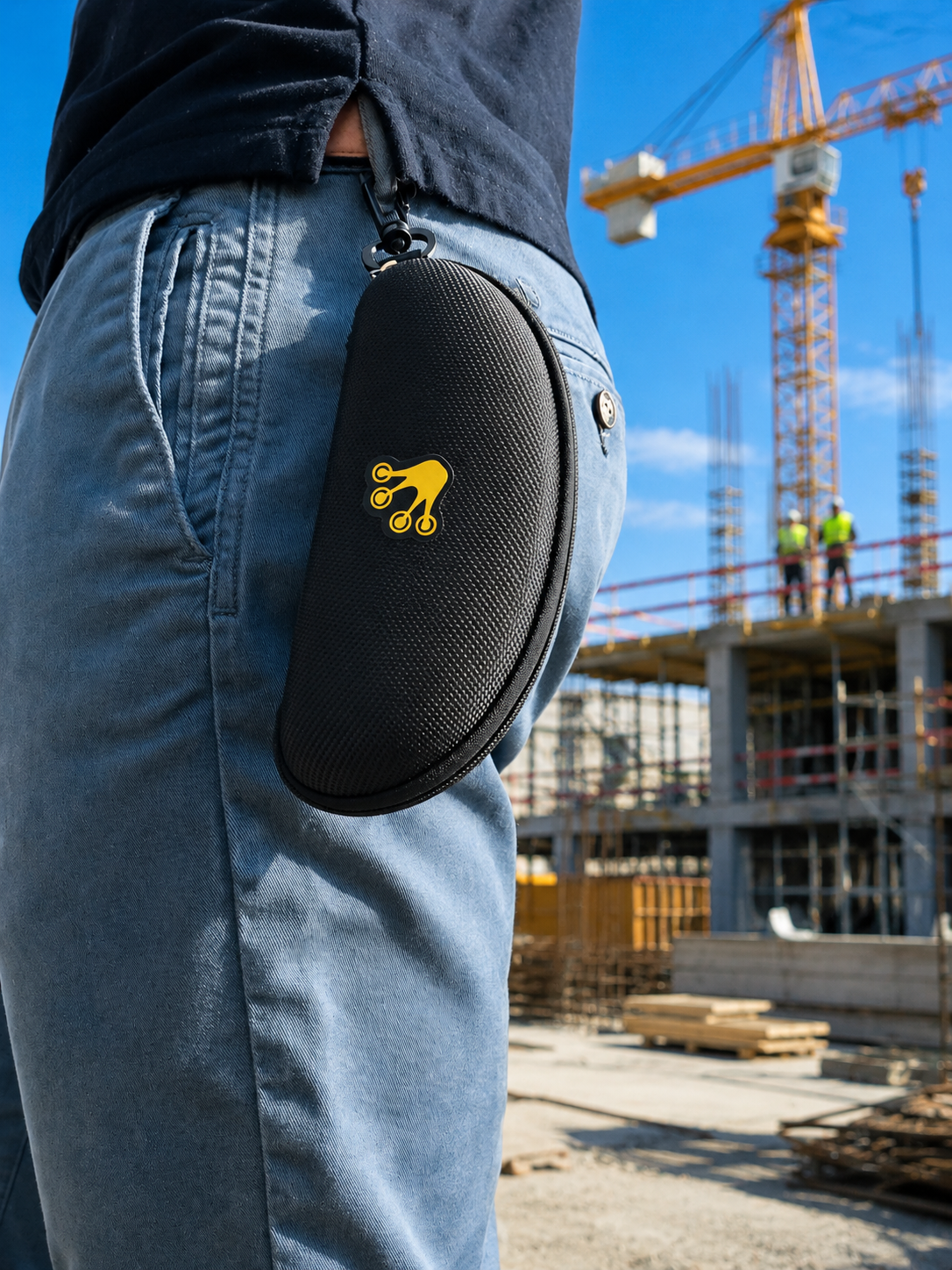 Funda protectora para gafas de sol fijadas al cinturón de un hombre en un sitio de construcción