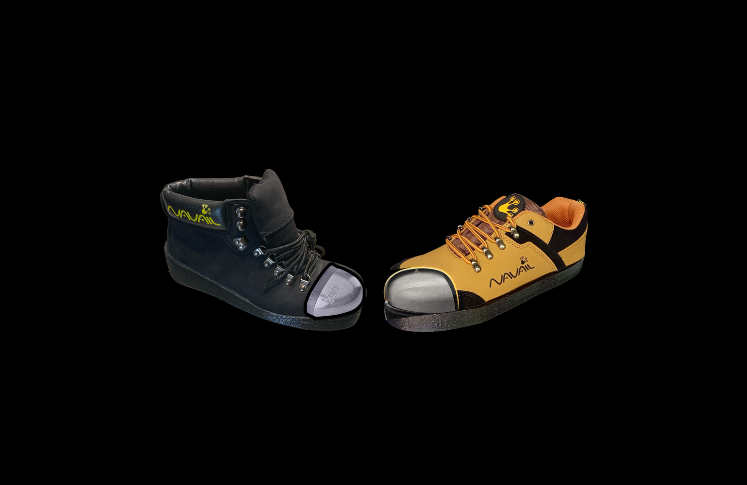 Steel toe cap and composite toe cap visible through a cut section on safety magnetic shoes