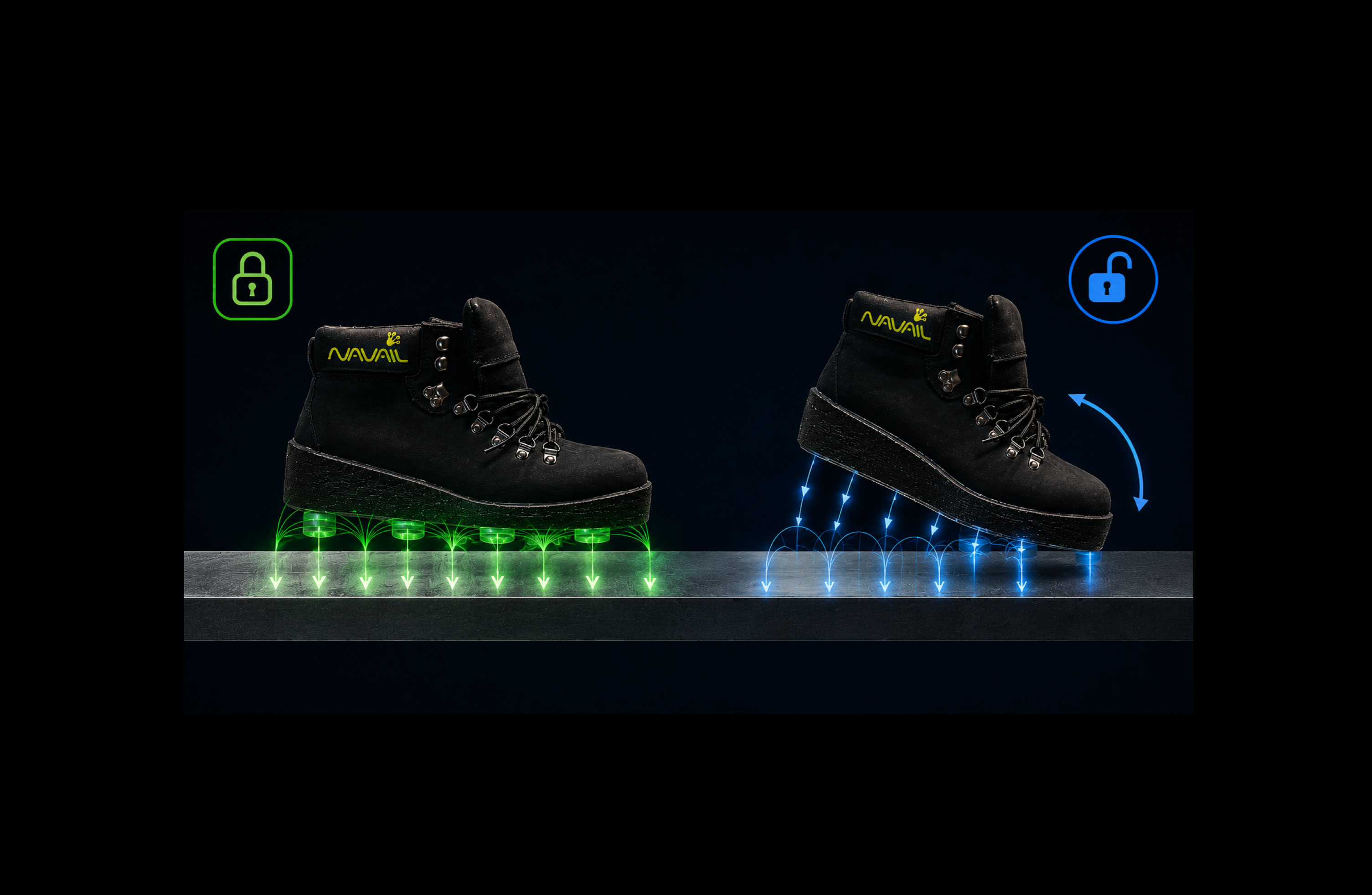 A Magnetic boot is place on a steel metal. Attraction and grip are strong. The foot roll with the walking motion and the magnetic field dissipates 