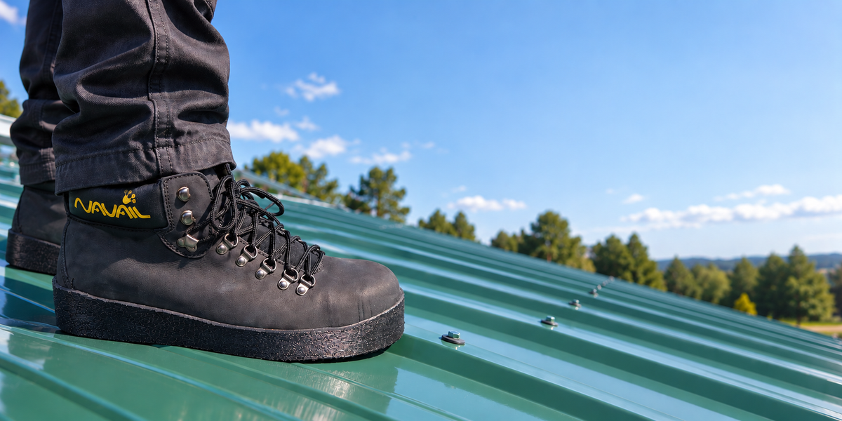 Black NAVAIL MagSteel magnetic roofing boot on a green corrugated steel roof with exposed fasteners