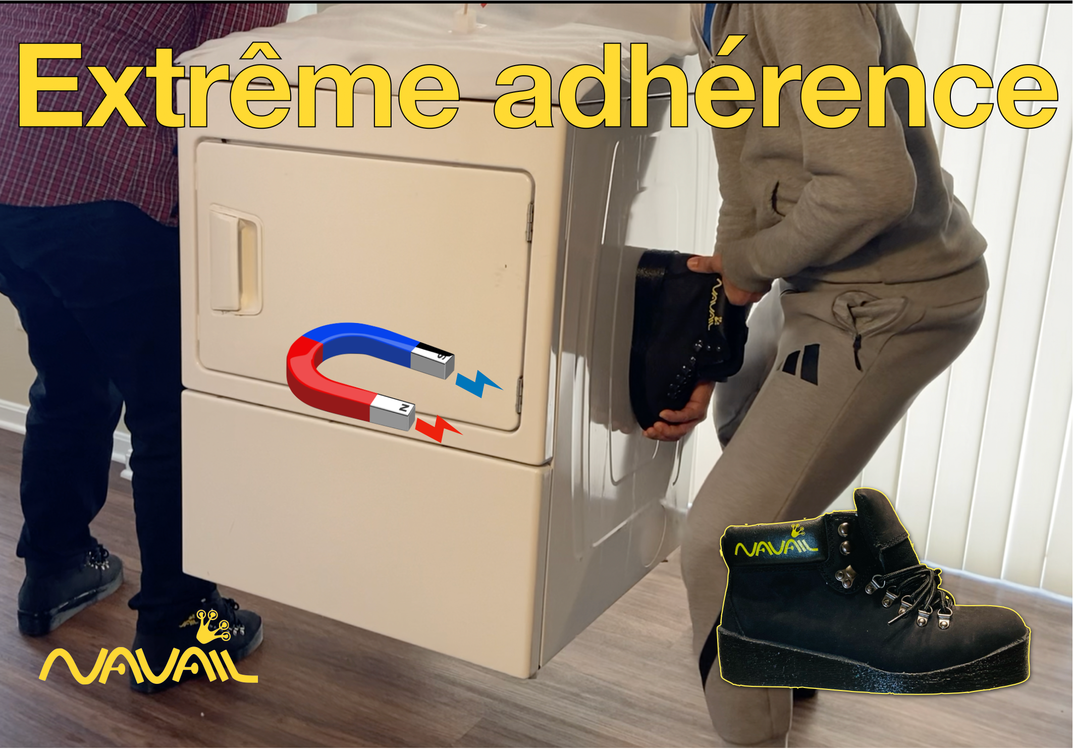 Charger la vidéo : chaussures magnétiques suffisamment forte pour soulever un sèche linge!