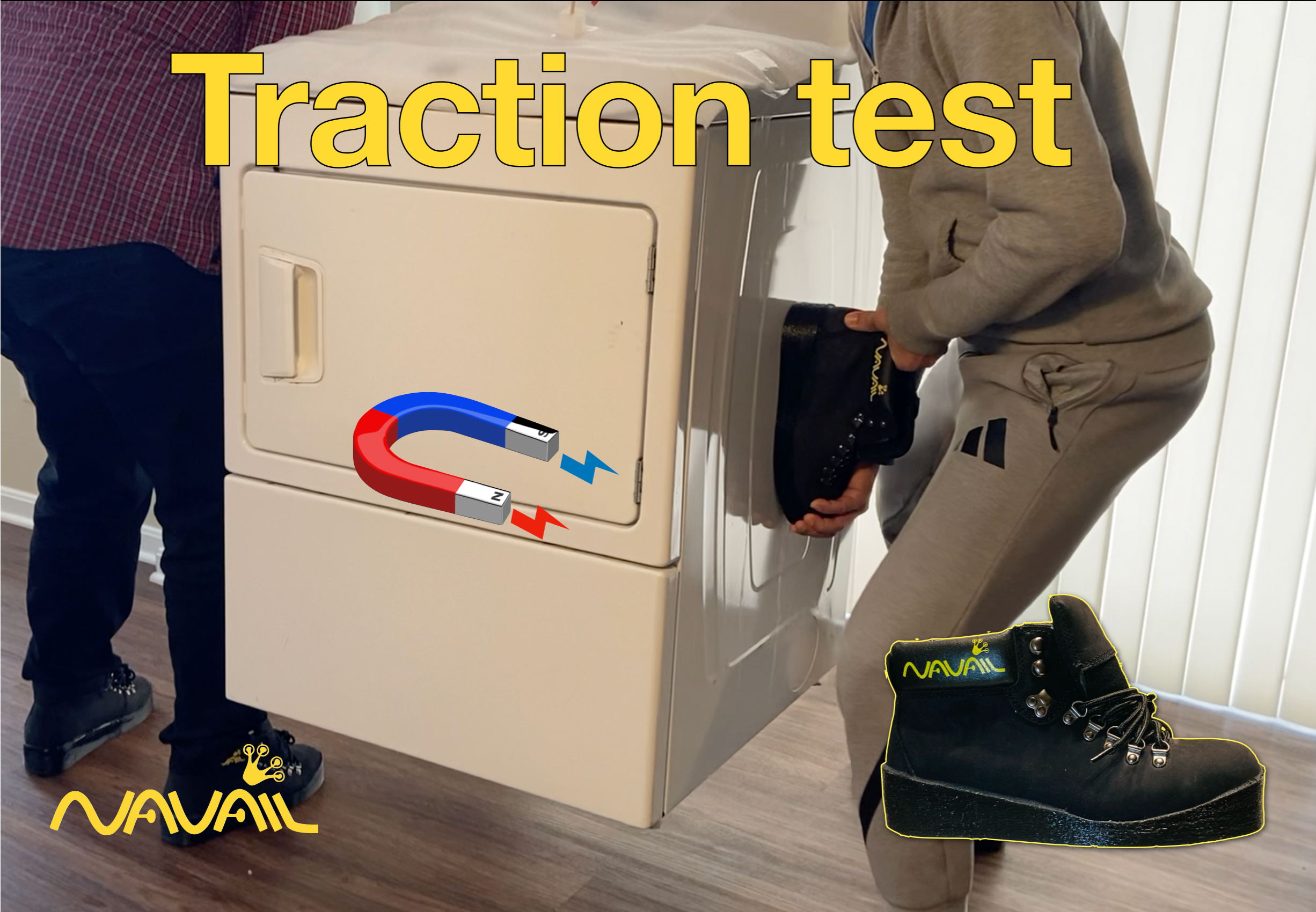 Load video: On this video, the grip efficiency is demonstrated by lifting up a 118 pounds laundry dryer with just a pair of Navail magnetic boots. Even with the intense grip it is easy to release the shoe from the metal surface. It only takes two fingers to remove it from the dryer side panel. 